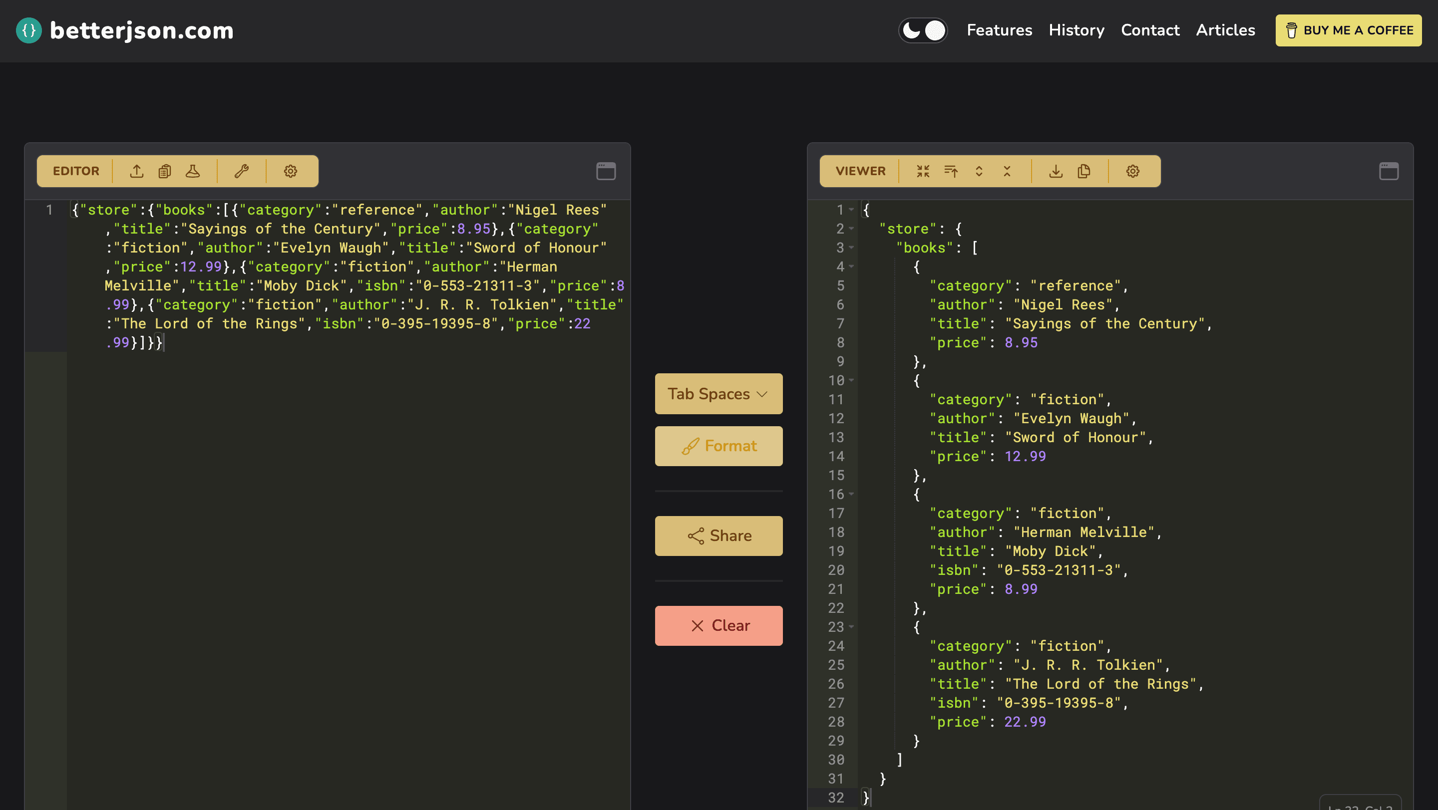 A screenshot of the betterjson.com homepage with dark mode enabled