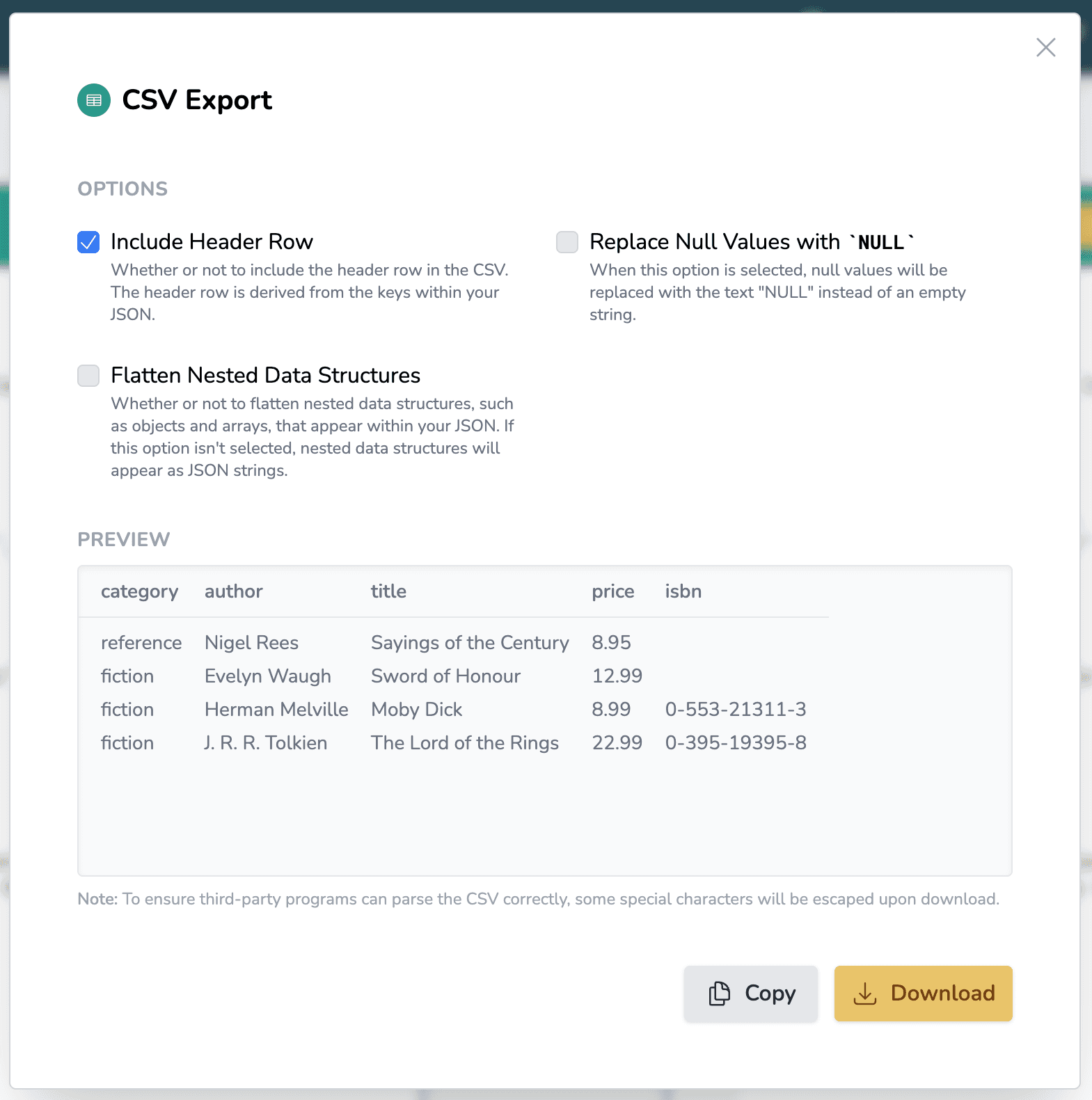 A screenshot of betterjson.com's CSV export feature