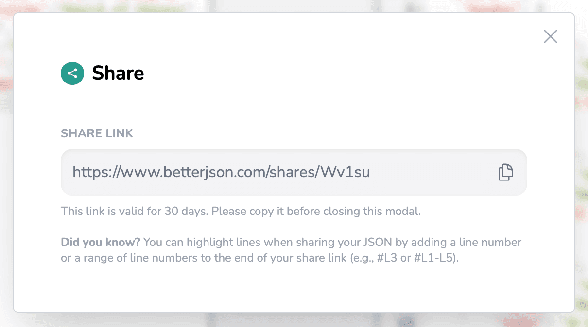 A screenshot of betterjson.com's share feature