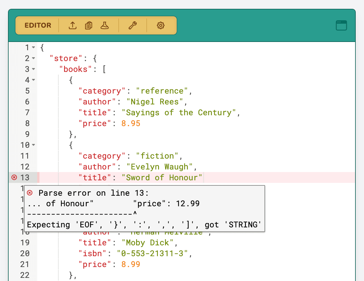 A screenshot of betterjson.com's JSON error highlighting